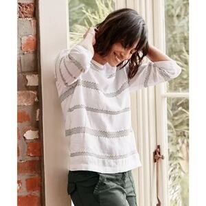 J.Jill 100% Linen Top Size S White Sage Embroidered Striped Coastal Boho Preppy